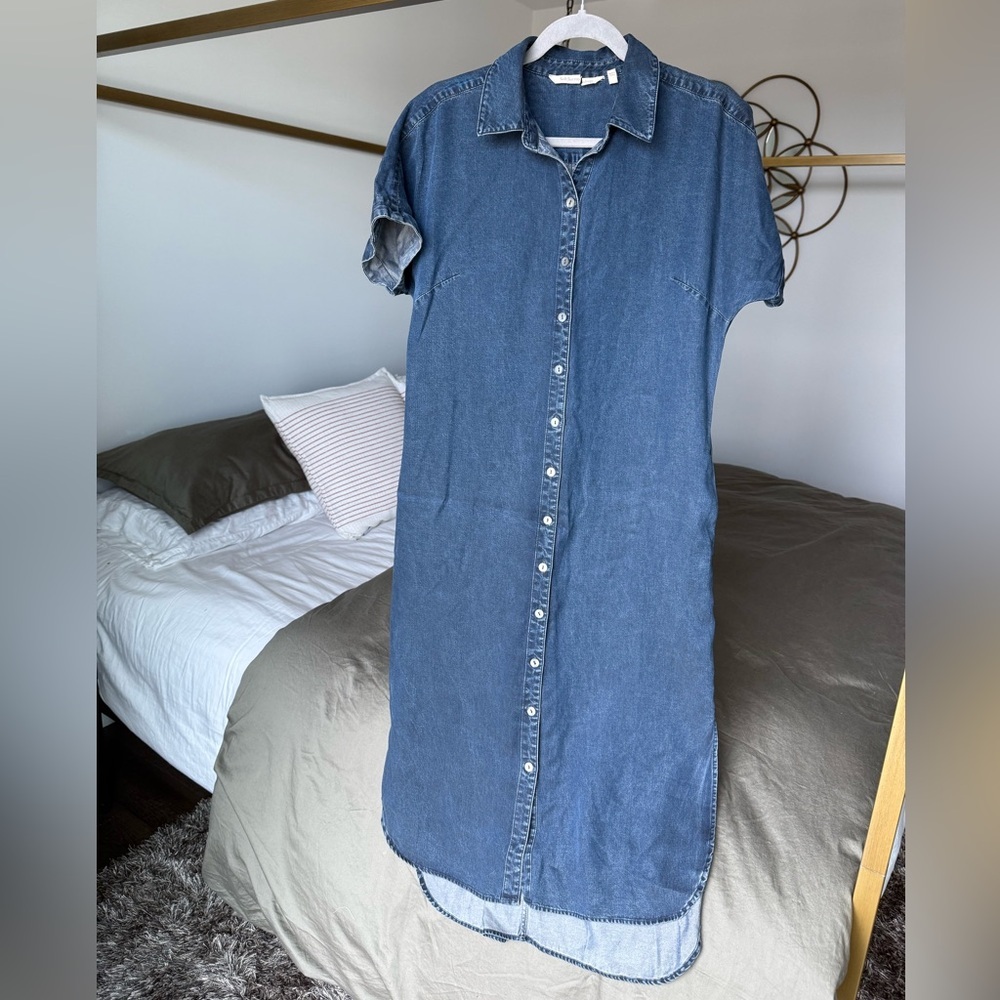 Soft Surroundings Denim Short Sleeve Button Shirt Dress Womens S Blue Midi Slit - Picture 1 of 14